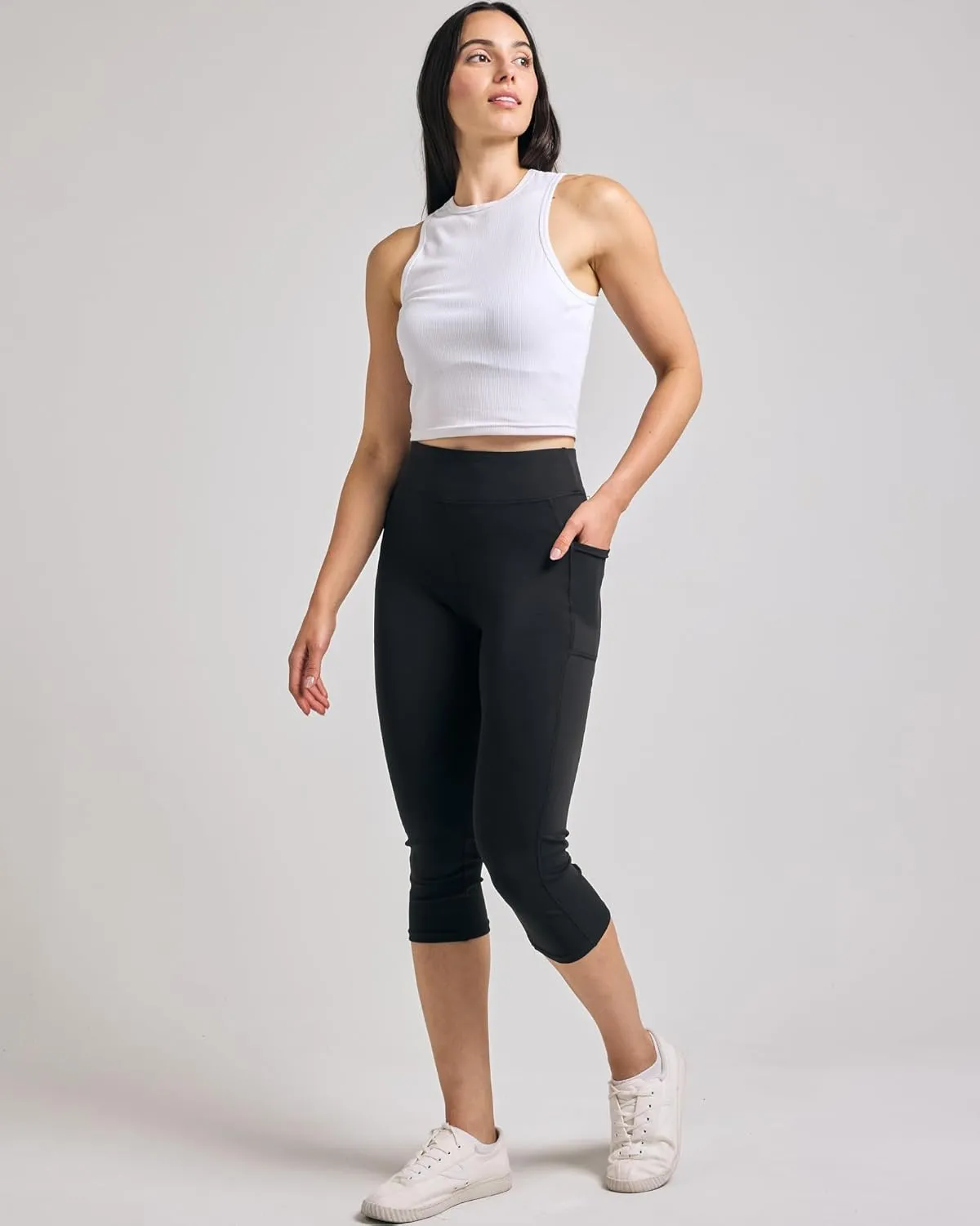 Real Essentials 4 Pack: Women's Capri Leggings with Pockets Casual Yoga Workout Exercise Pants (Available in Plus Size)