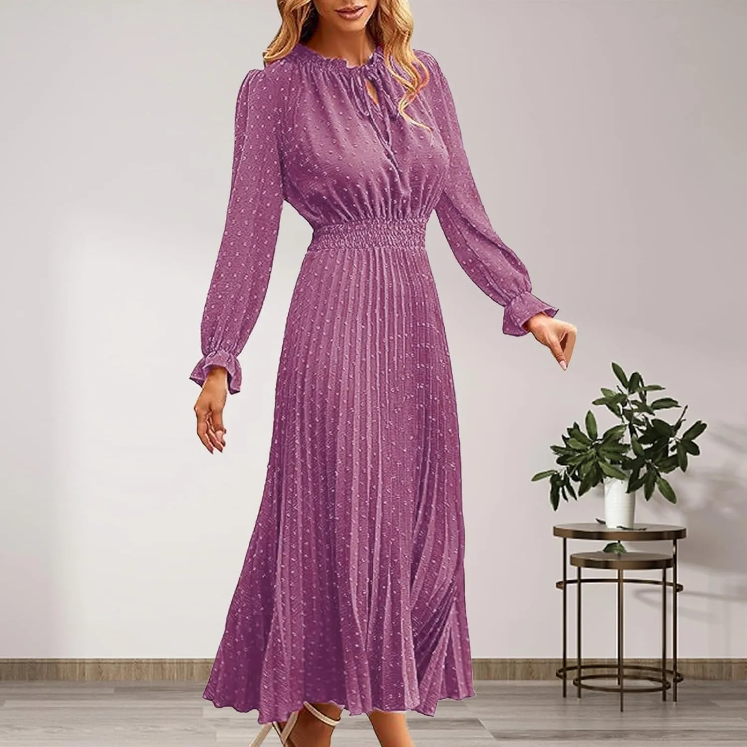 Rvidbe Dresses for Women 2024 Elegant, Women's Spring Midi Dress Casual Long Sleeve V Neck Dress Pleated A Line Flowy Dresses