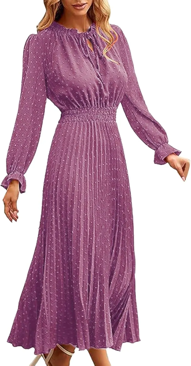 Rvidbe Dresses for Women 2024 Elegant, Women's Spring Midi Dress Casual Long Sleeve V Neck Dress Pleated A Line Flowy Dresses