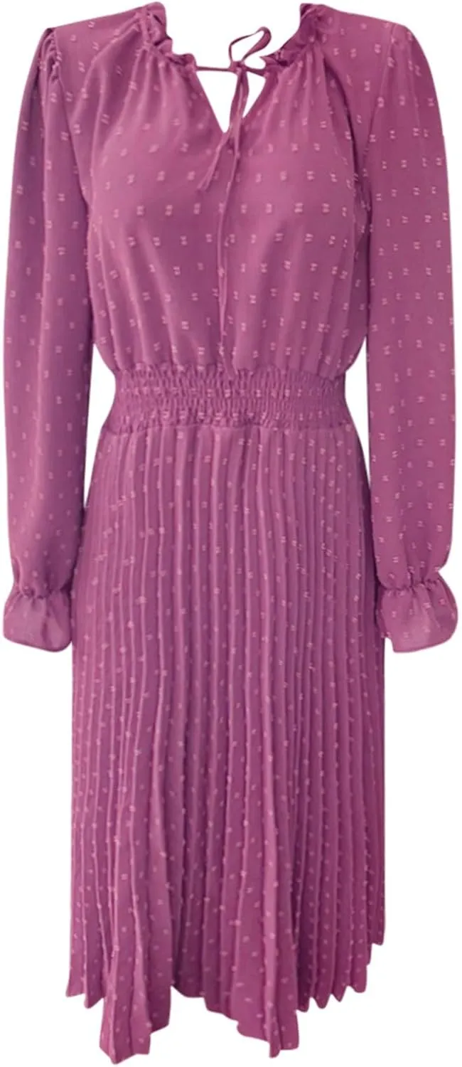Rvidbe Dresses for Women 2024 Elegant, Women's Spring Midi Dress Casual Long Sleeve V Neck Dress Pleated A Line Flowy Dresses