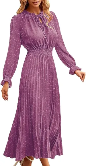 Rvidbe Dresses for Women 2024 Elegant, Women's Spring Midi Dress Casual Long Sleeve V Neck Dress Pleated A Line Flowy Dresses