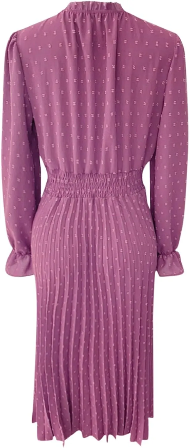 Rvidbe Dresses for Women 2024 Elegant, Women's Spring Midi Dress Casual Long Sleeve V Neck Dress Pleated A Line Flowy Dresses