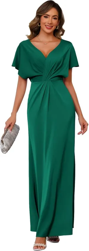 SEIM Women's Satin Mother of The Bride Dresses for Wedding Long V Neck Short Sleeves Formal Evening Dresses SE209