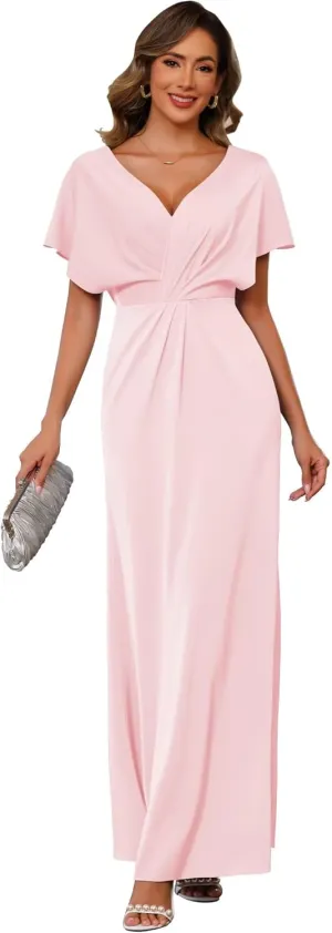 SEIM Women's Satin Mother of The Bride Dresses for Wedding Long V Neck Short Sleeves Formal Evening Dresses SE209