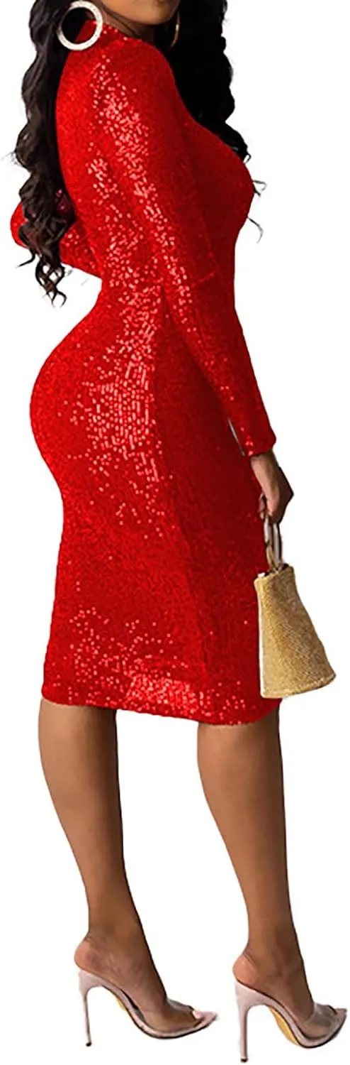 Sequin Dress for Women High Neck Long Sleeve Sparkle Mini Dress Sparkly Party Club Bodycon Slim Cocktail Dresses