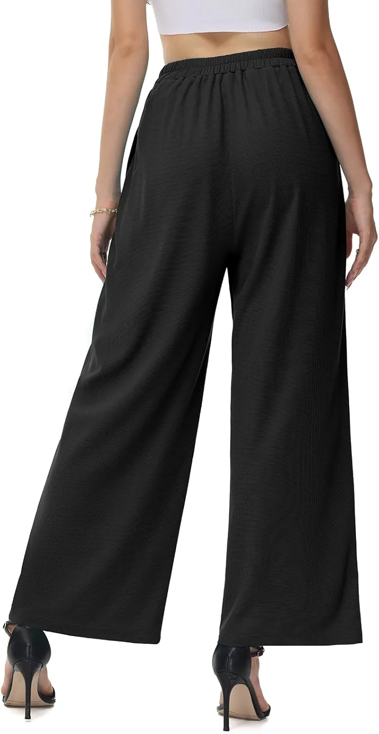 SeSe Code Womens Wide Leg Trousers Pants Waffle Knit Lounge Palazzo Pant High Waisted Casual Slacks with Pockets