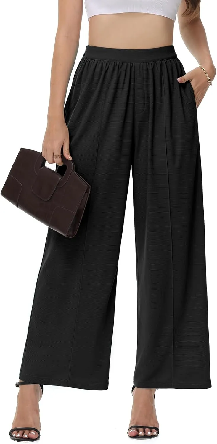 SeSe Code Womens Wide Leg Trousers Pants Waffle Knit Lounge Palazzo Pant High Waisted Casual Slacks with Pockets