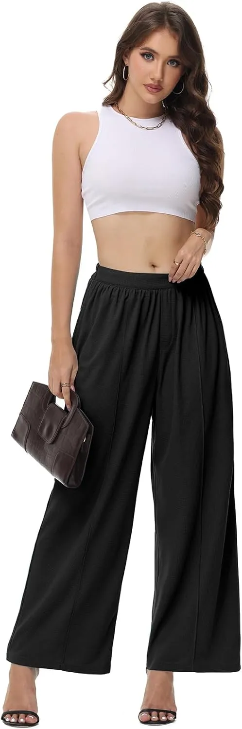 SeSe Code Womens Wide Leg Trousers Pants Waffle Knit Lounge Palazzo Pant High Waisted Casual Slacks with Pockets