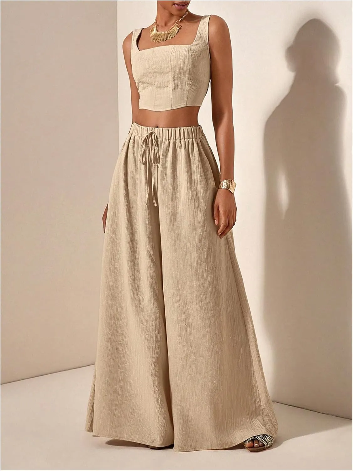 SOLY HUX Women's 2 Piece Outfit Square Neck Crop Tank Top and Drawstring Wide Leg Flowy Pants Set