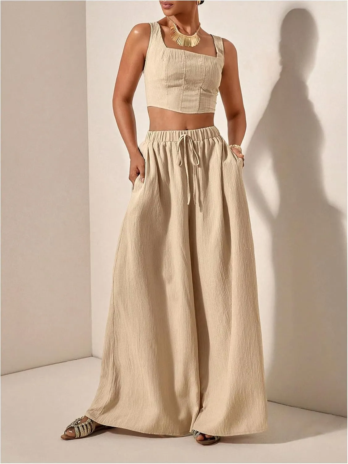 SOLY HUX Women's 2 Piece Outfit Square Neck Crop Tank Top and Drawstring Wide Leg Flowy Pants Set
