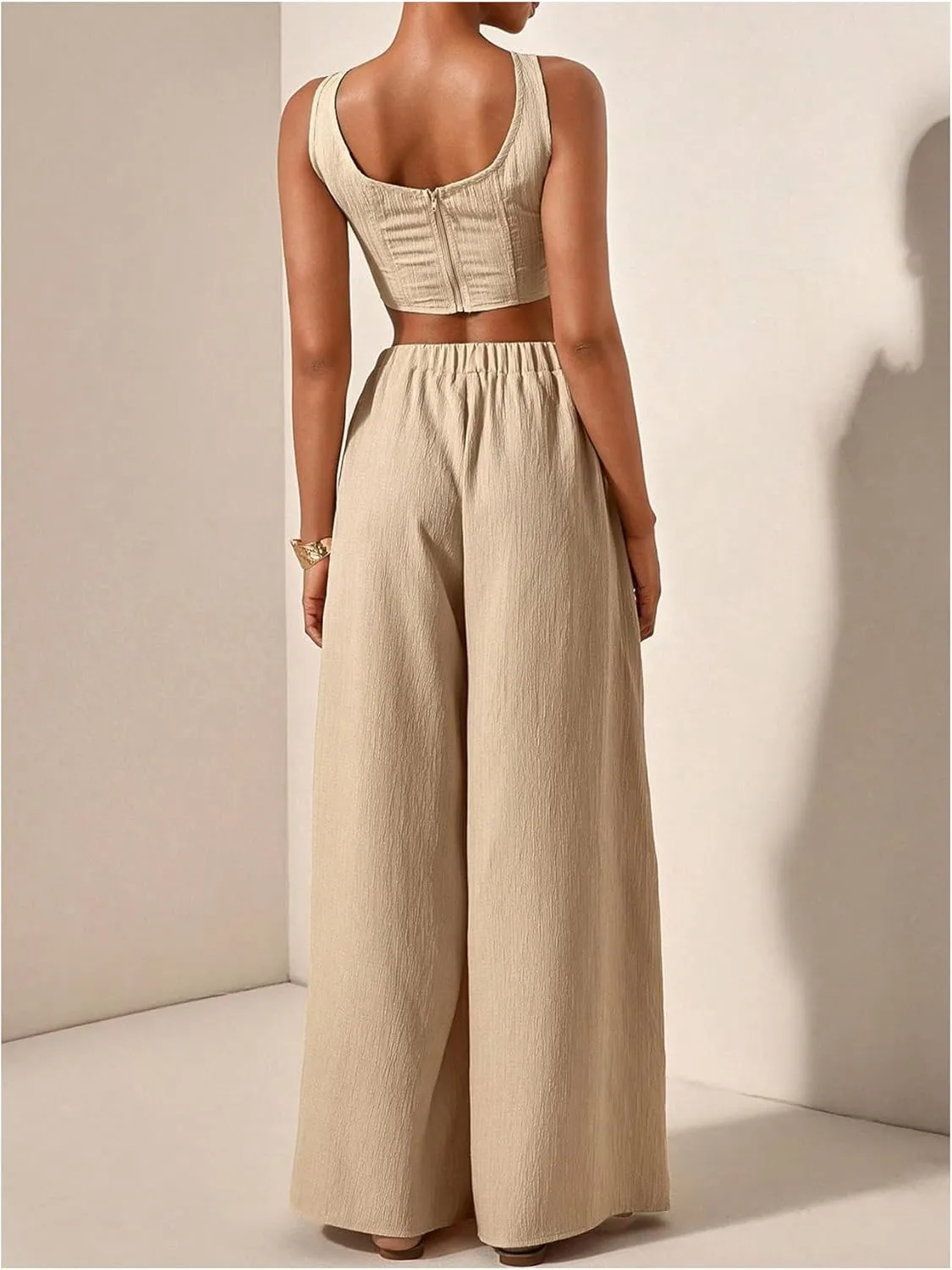 SOLY HUX Women's 2 Piece Outfit Square Neck Crop Tank Top and Drawstring Wide Leg Flowy Pants Set