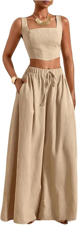 SOLY HUX Women's 2 Piece Outfit Square Neck Crop Tank Top and Drawstring Wide Leg Flowy Pants Set