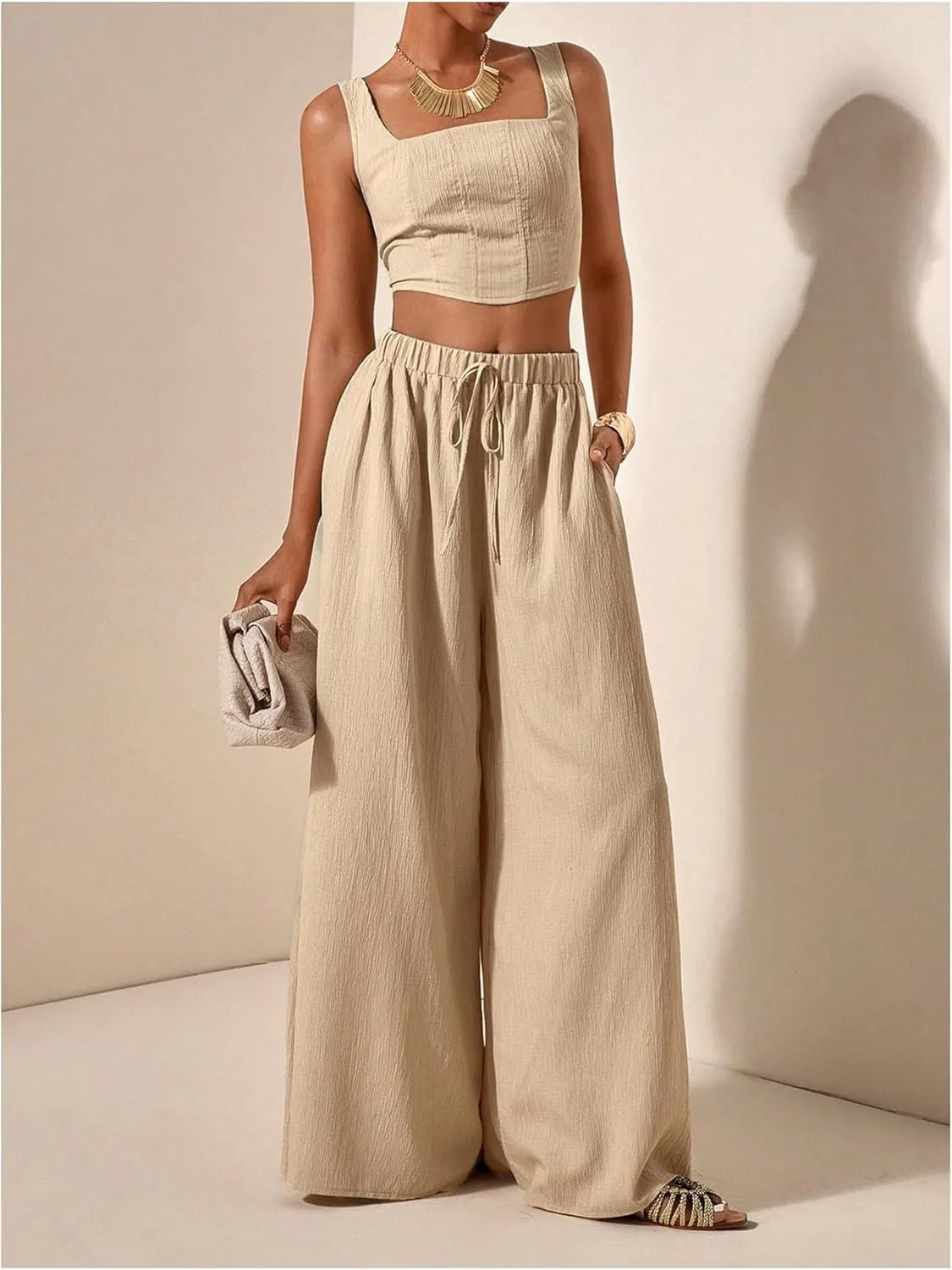 SOLY HUX Women's 2 Piece Outfit Square Neck Crop Tank Top and Drawstring Wide Leg Flowy Pants Set