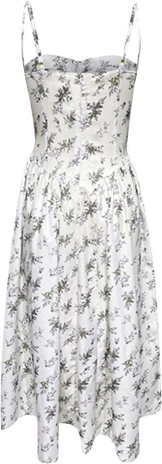 Spaghetti Strap Corset Dress for Women Formal Sexy Low Cut Midi Dress Boho Pleated Hem Cocktail Dresses with Pockets