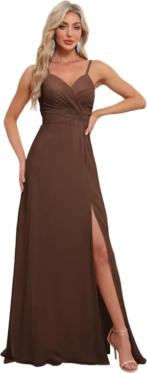 Spaghetti Straps Chiffon Bridesmaid Dresses with Slit for Women Long A Line V-Neck Formal Evening Dress