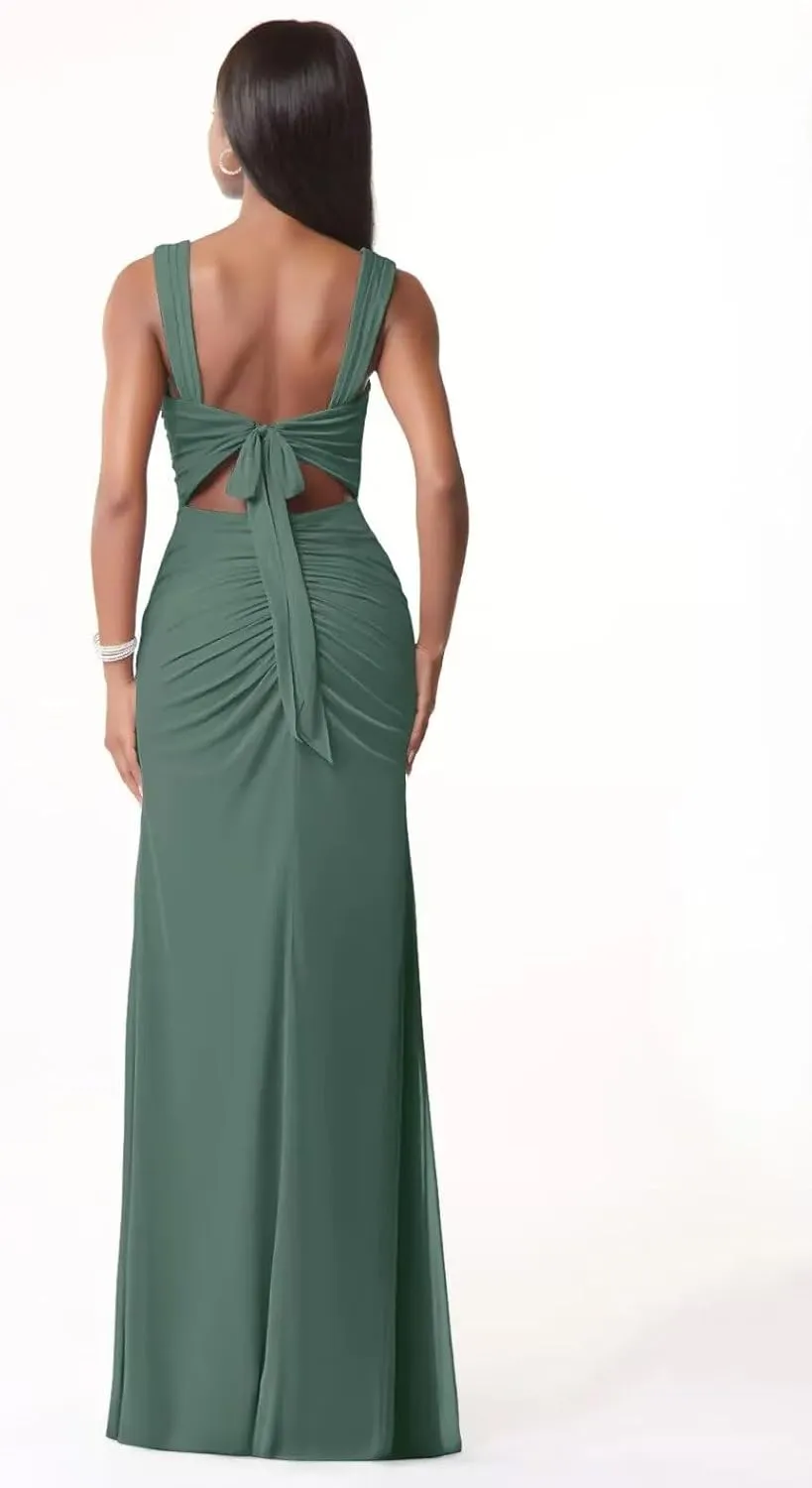 Square Neck Bridesmaid Dresses with Slit 2025 Long Chiffon Formal Wedding Guest Dress Hi010