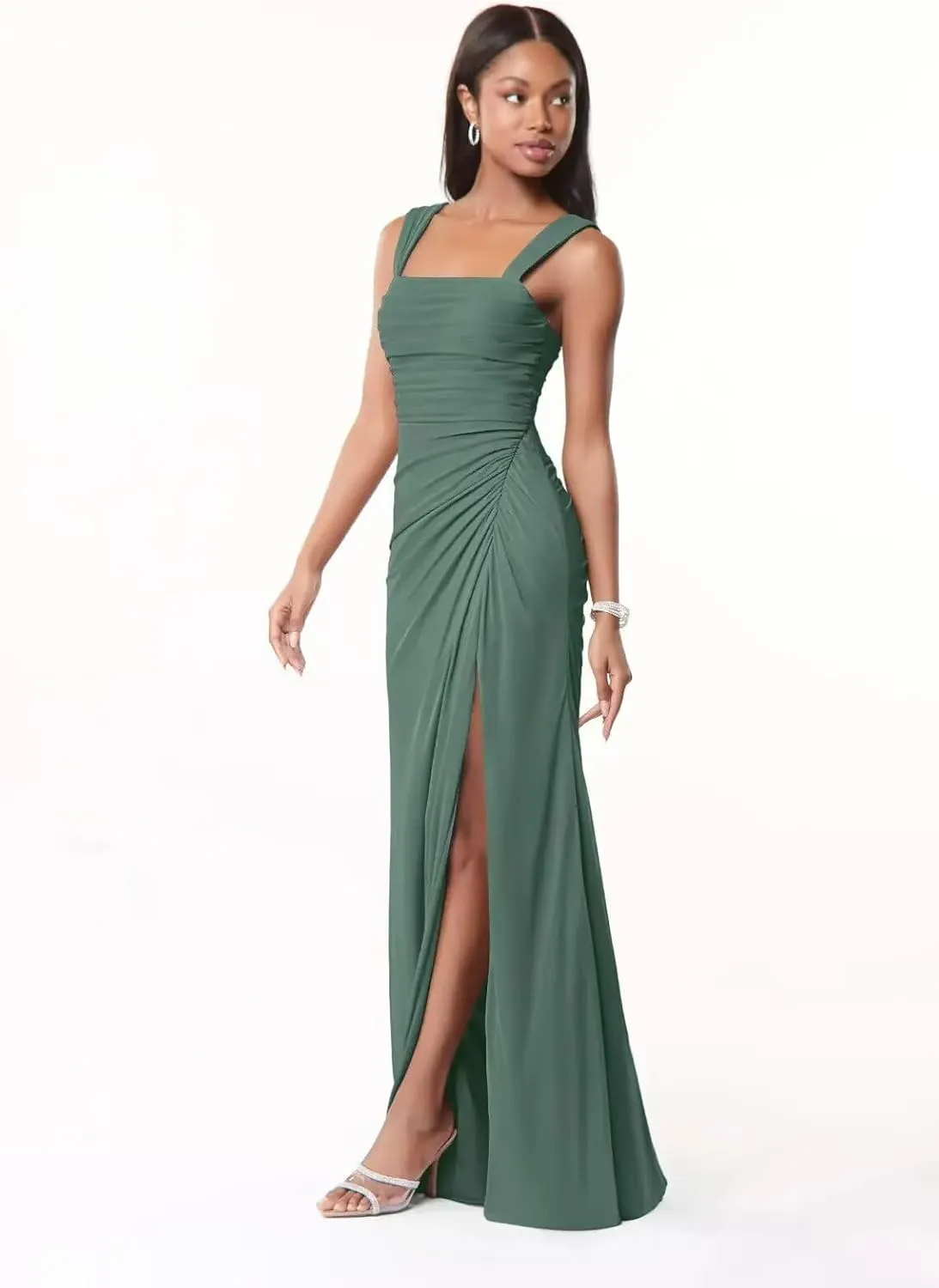 Square Neck Bridesmaid Dresses with Slit 2025 Long Chiffon Formal Wedding Guest Dress Hi010