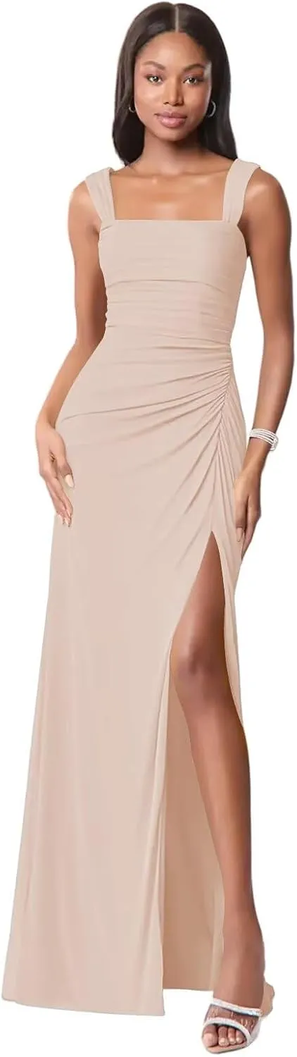 Square Neck Bridesmaid Dresses with Slit 2025 Long Chiffon Formal Wedding Guest Dress Hi010
