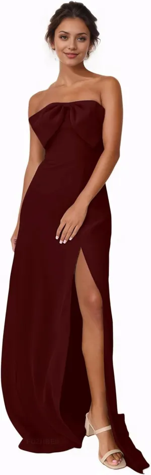 Strapless Prom Dress with Bow A Line Long Chiffon Formal Bridesmaid Dresses for Wedding Guest with Slit P133