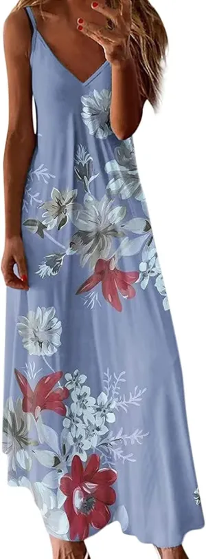 Summer Dresses for Women 2023 Trendy Casual Boho Plus Size Dress Floral Printed V Neck Spaghetti Strap Flowy Long Maxi Sundress Hawaiian Beach Clothes Sun Dress Dresses for Weddings as a Guest