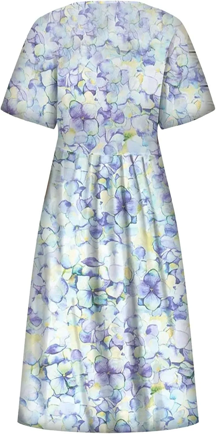 Summer Dresses for Women 2024 Boho Floral Dress Short Sleeve Flowy A Line Swing Midi Dresses Cruise Beach Vacation Sundresses