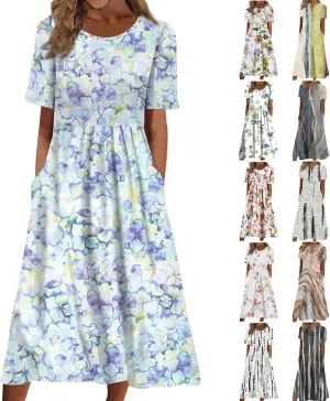 Summer Dresses for Women 2024 Boho Floral Dress Short Sleeve Flowy A Line Swing Midi Dresses Cruise Beach Vacation Sundresses