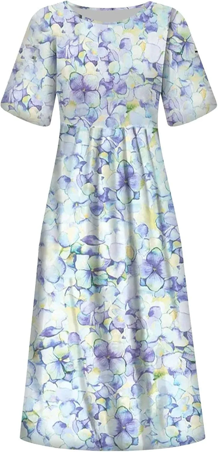 Summer Dresses for Women 2024 Boho Floral Dress Short Sleeve Flowy A Line Swing Midi Dresses Cruise Beach Vacation Sundresses