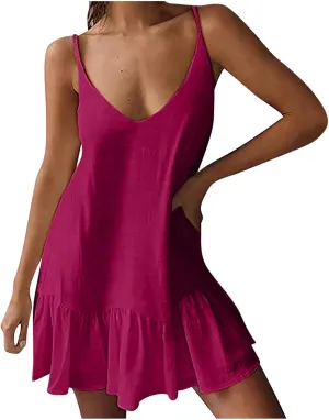 Summer Dresses for Women 2024 Casual Plus Size V Neck Solid Color Slip Dress Trendy Summer Vacation Flowy Dress