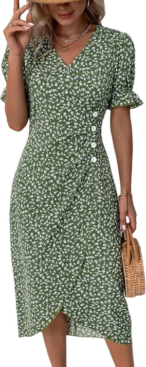 Summer Dresses for Women 2025 Vacation, Casual Side Button Up Boho Floral Dress Wrap V Neck Short Sleeve Midi Sun Dresses
