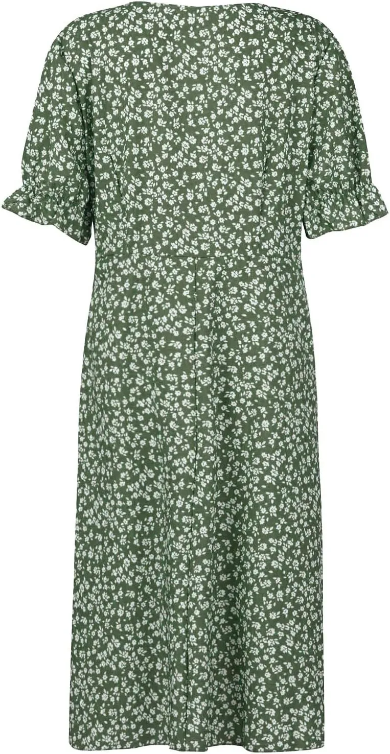 Summer Dresses for Women 2025 Vacation, Casual Side Button Up Boho Floral Dress Wrap V Neck Short Sleeve Midi Sun Dresses