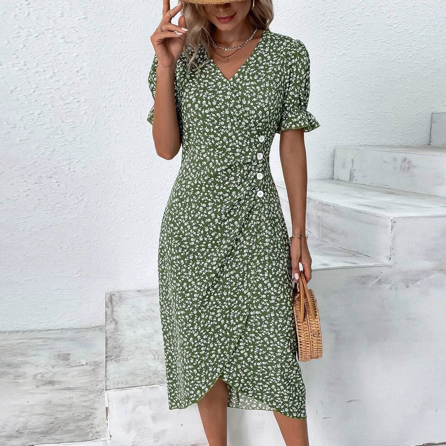 Summer Dresses for Women 2025 Vacation, Casual Side Button Up Boho Floral Dress Wrap V Neck Short Sleeve Midi Sun Dresses