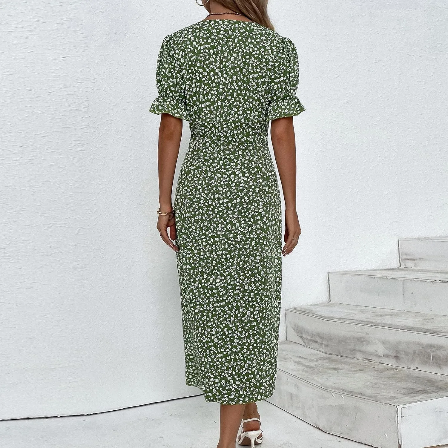 Summer Dresses for Women 2025 Vacation, Casual Side Button Up Boho Floral Dress Wrap V Neck Short Sleeve Midi Sun Dresses