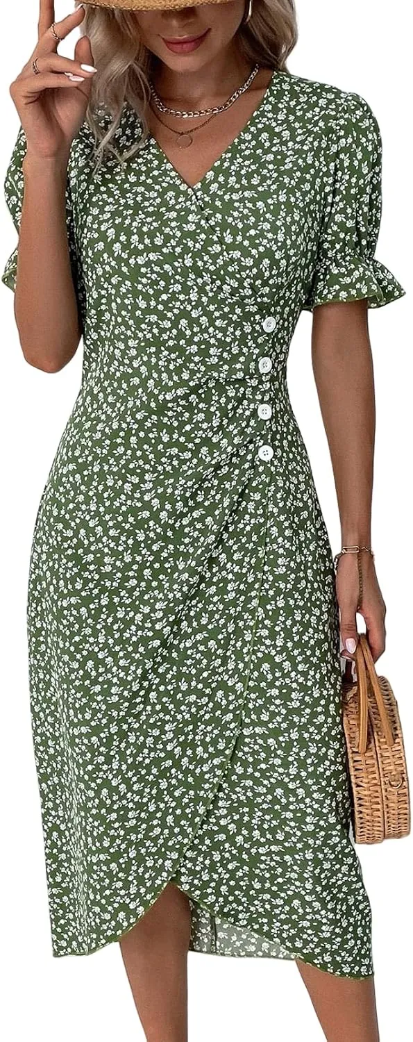 Summer Dresses for Women 2025 Vacation, Casual Side Button Up Boho Floral Dress Wrap V Neck Short Sleeve Midi Sun Dresses