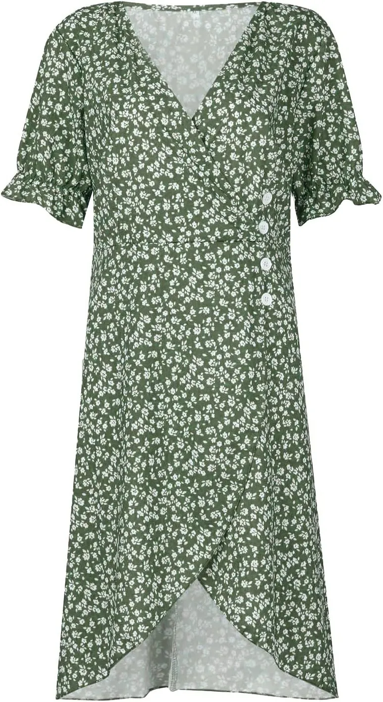 Summer Dresses for Women 2025 Vacation, Casual Side Button Up Boho Floral Dress Wrap V Neck Short Sleeve Midi Sun Dresses