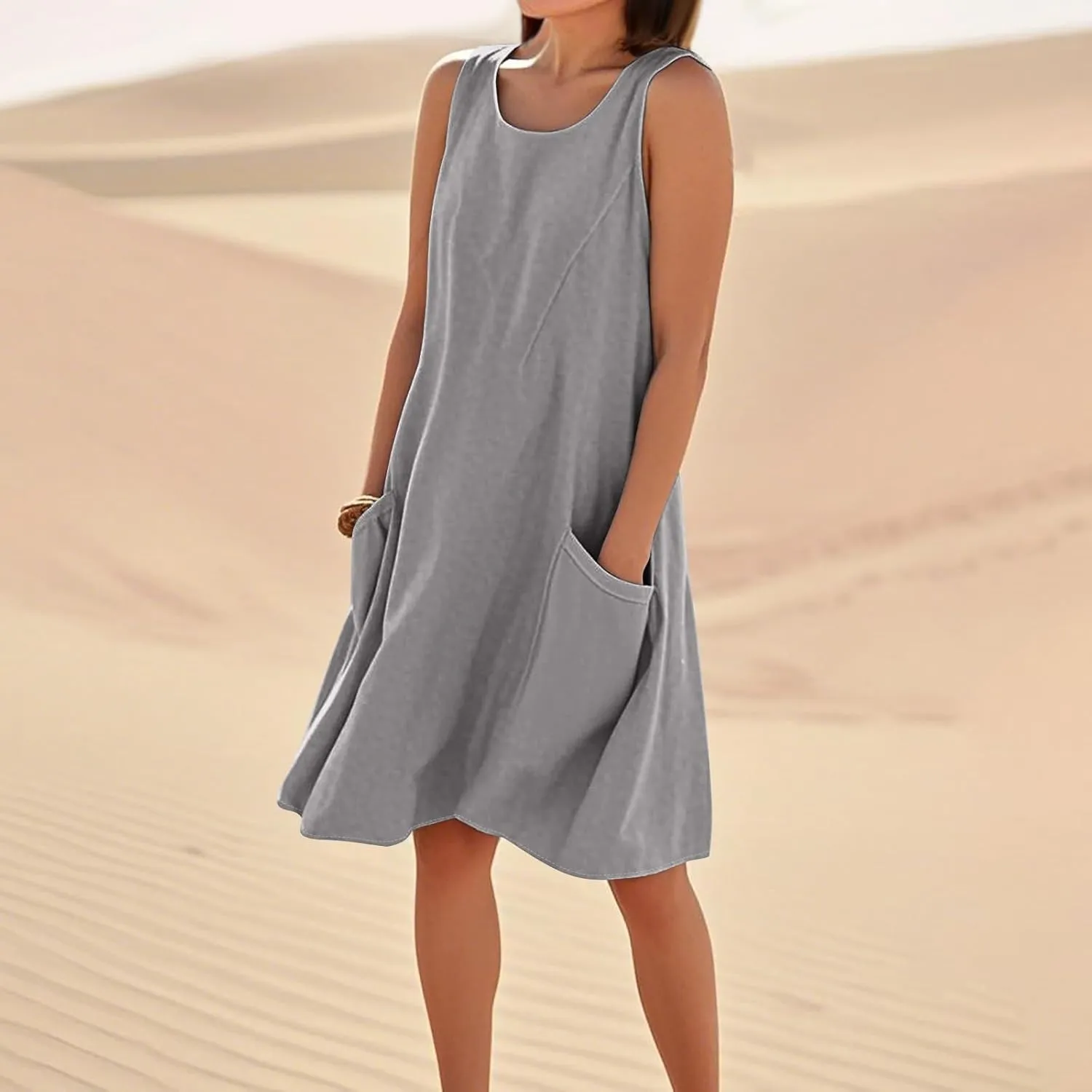 Summer Tank Dresses for Women 2025 Loose Beach Vacation Clothes Casual Sleeveless Linen Sundresses with Pockets