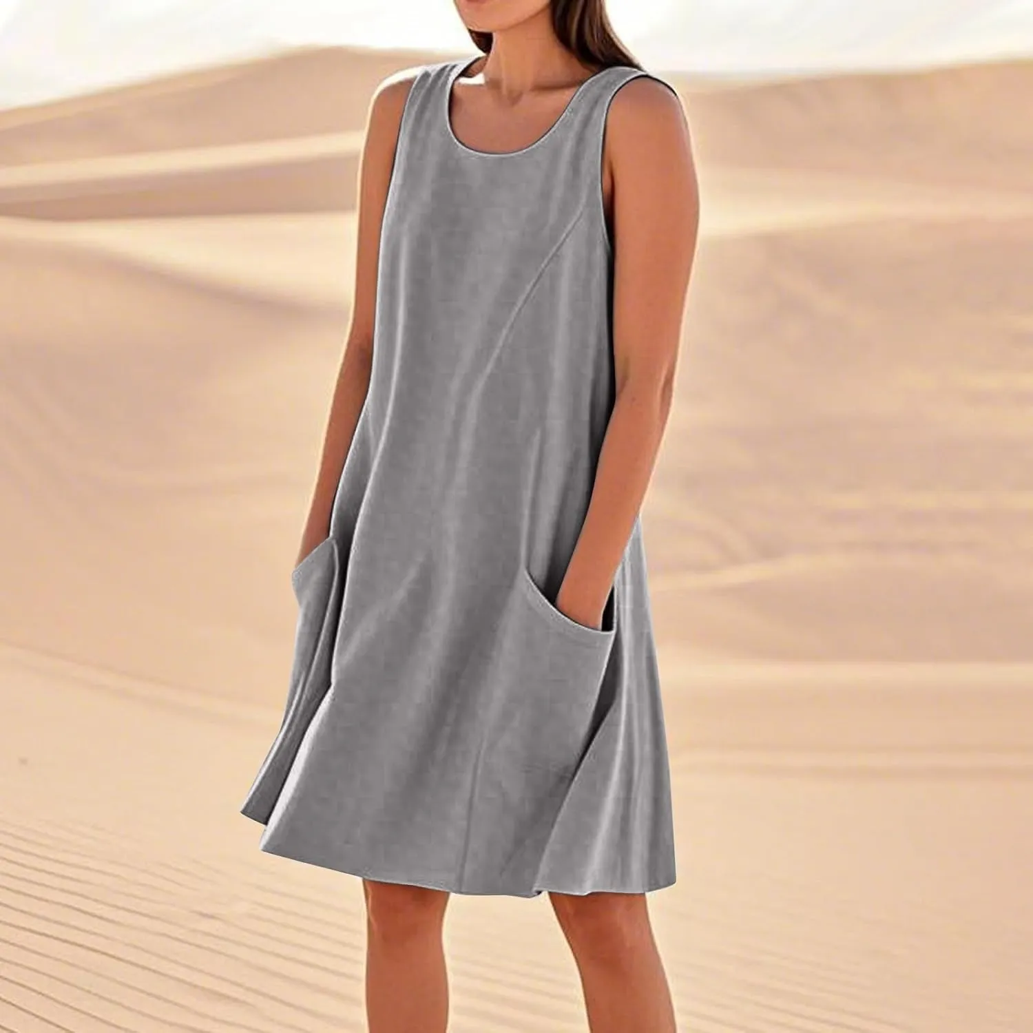 Summer Tank Dresses for Women 2025 Loose Beach Vacation Clothes Casual Sleeveless Linen Sundresses with Pockets