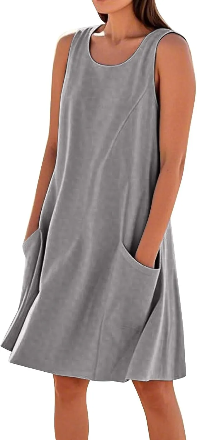 Summer Tank Dresses for Women 2025 Loose Beach Vacation Clothes Casual Sleeveless Linen Sundresses with Pockets