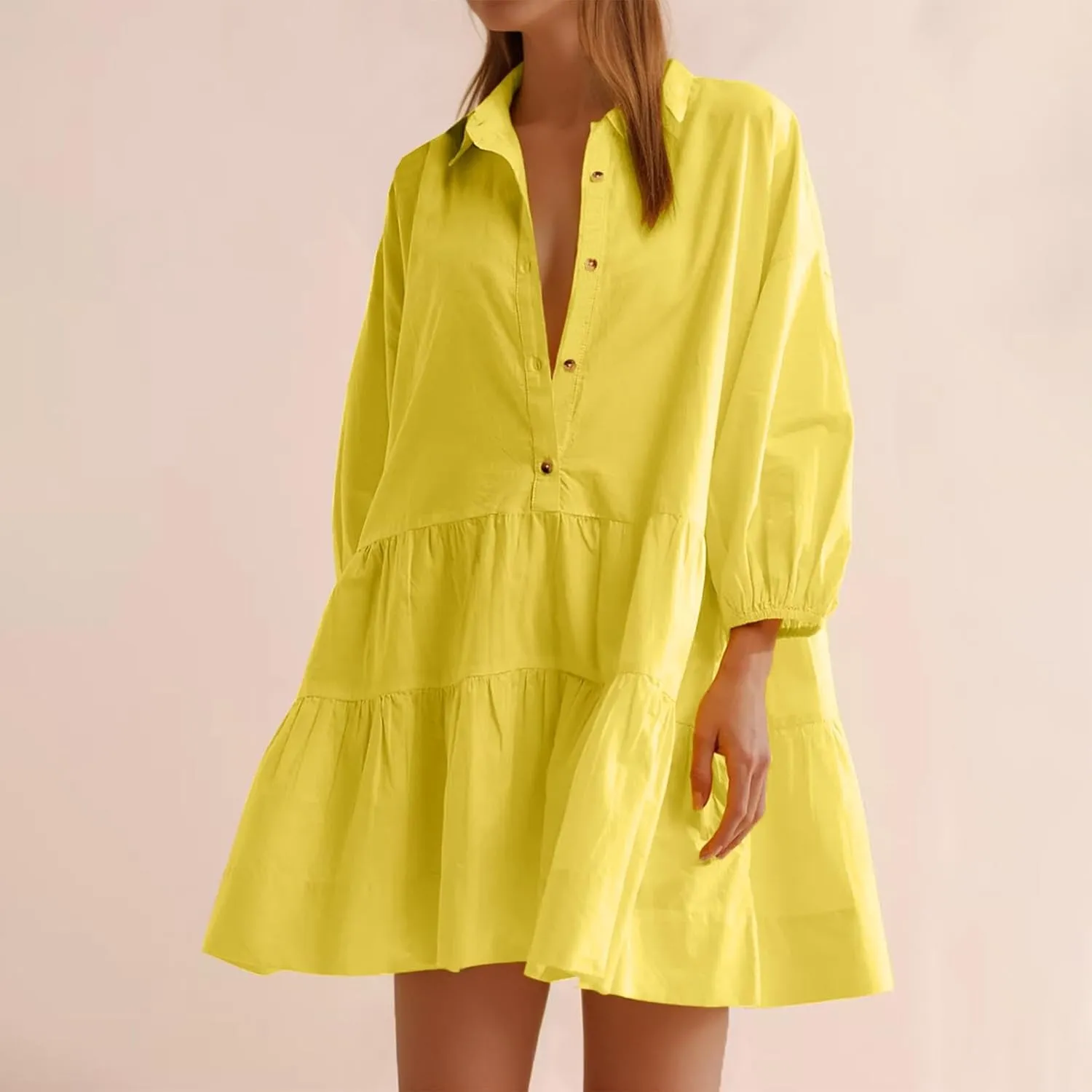 Sundresses for Women Maxi Fall Long Puff Sleeve 2024 Bubble Midi Button Down Casual Babydoll Plus Size Summer Dress