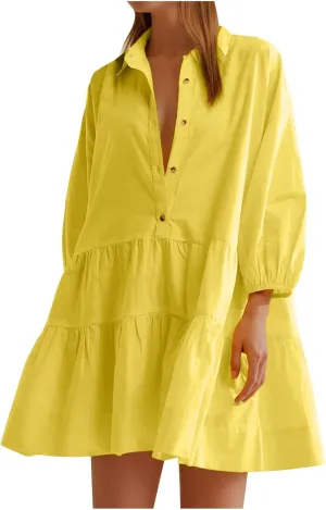 Sundresses for Women Maxi Fall Long Puff Sleeve 2024 Bubble Midi Button Down Casual Babydoll Plus Size Summer Dress