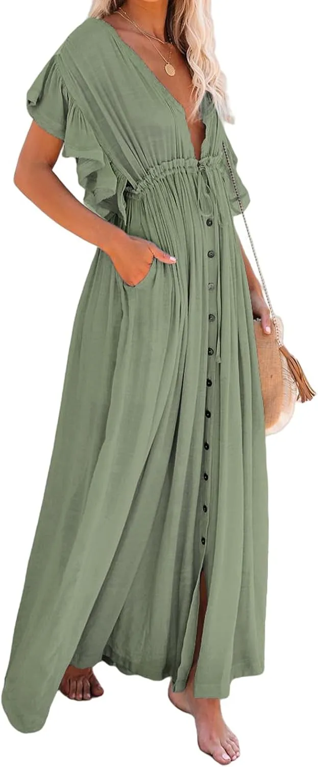 Swimsuit Coverup for Women 2024 Casual Summer Dress Short Sleeve Button Down Maxi Sundress Long Beach Cover Up Dress