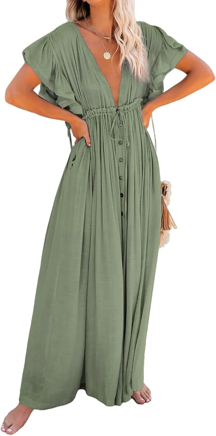 Swimsuit Coverup for Women 2024 Casual Summer Dress Short Sleeve Button Down Maxi Sundress Long Beach Cover Up Dress
