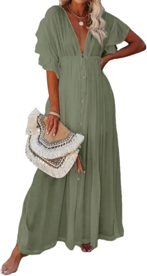 Swimsuit Coverup for Women 2024 Casual Summer Dress Short Sleeve Button Down Maxi Sundress Long Beach Cover Up Dress