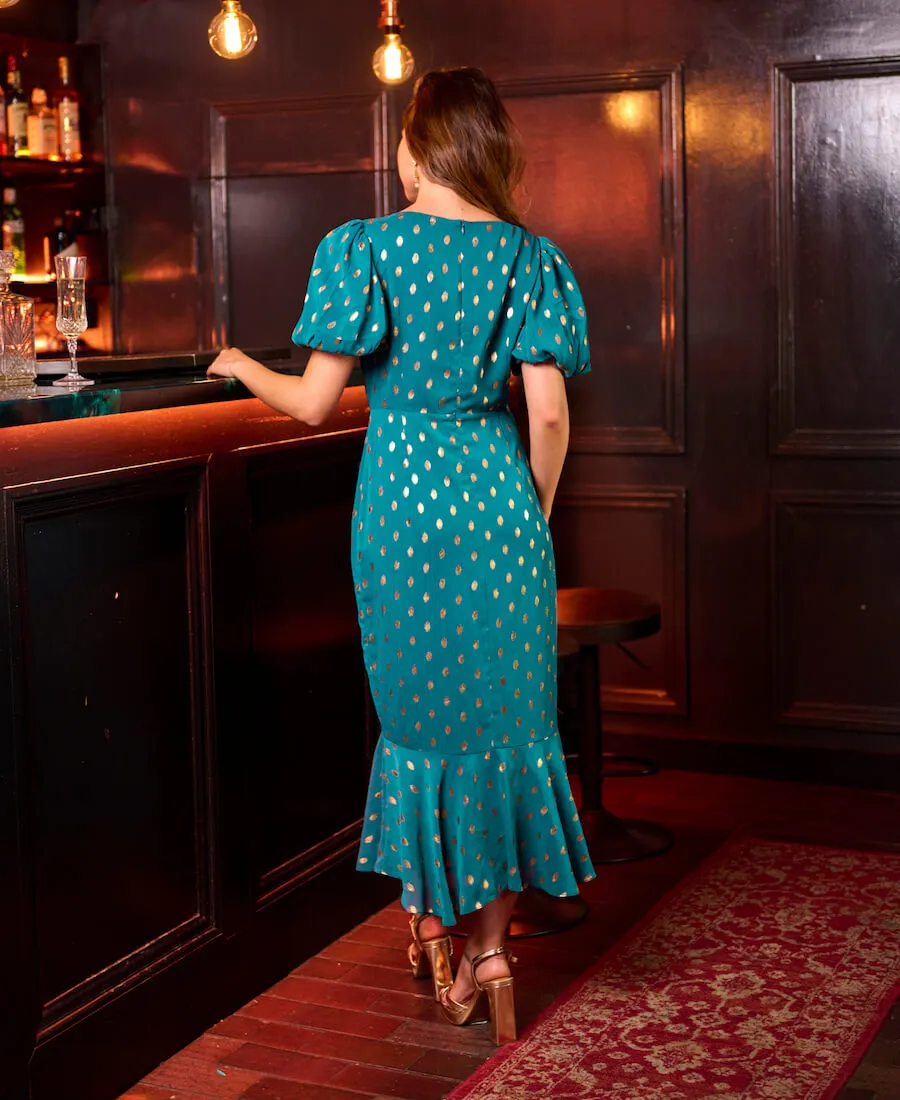 Teal Chiffon Foil Puff Sleeve Midi Dress