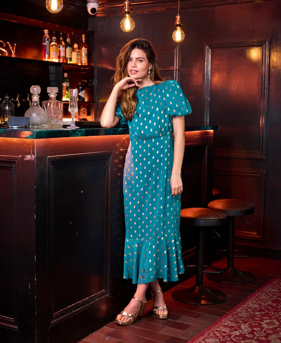 Teal Chiffon Foil Puff Sleeve Midi Dress