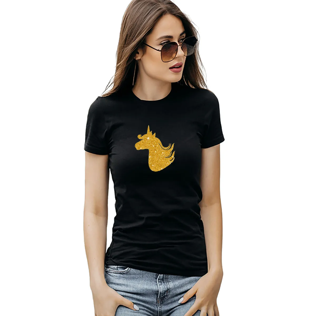 Unicorn Black Gold Cotton T-shirts for Kids and Adults