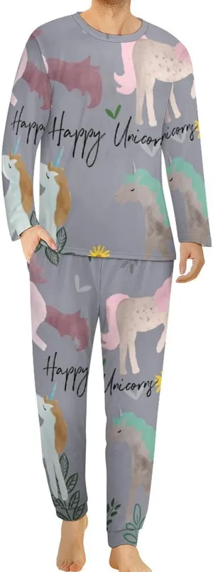 Unicorrn Clipart Men's Pajama Set Loungewear 2 Piece Sleepwear Long Sleeve T-Shirt Sleep Pants