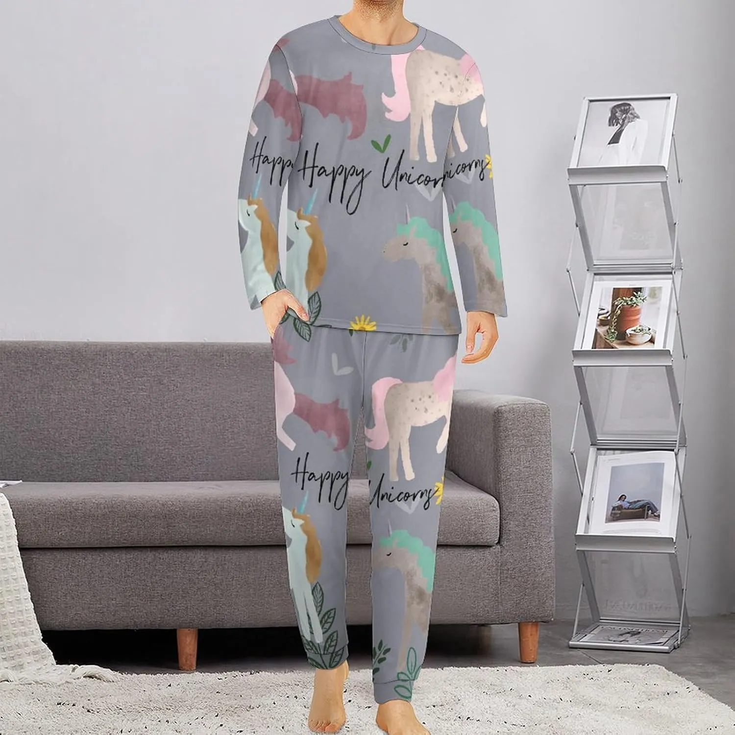 Unicorrn Clipart Men's Pajama Set Loungewear 2 Piece Sleepwear Long Sleeve T-Shirt Sleep Pants