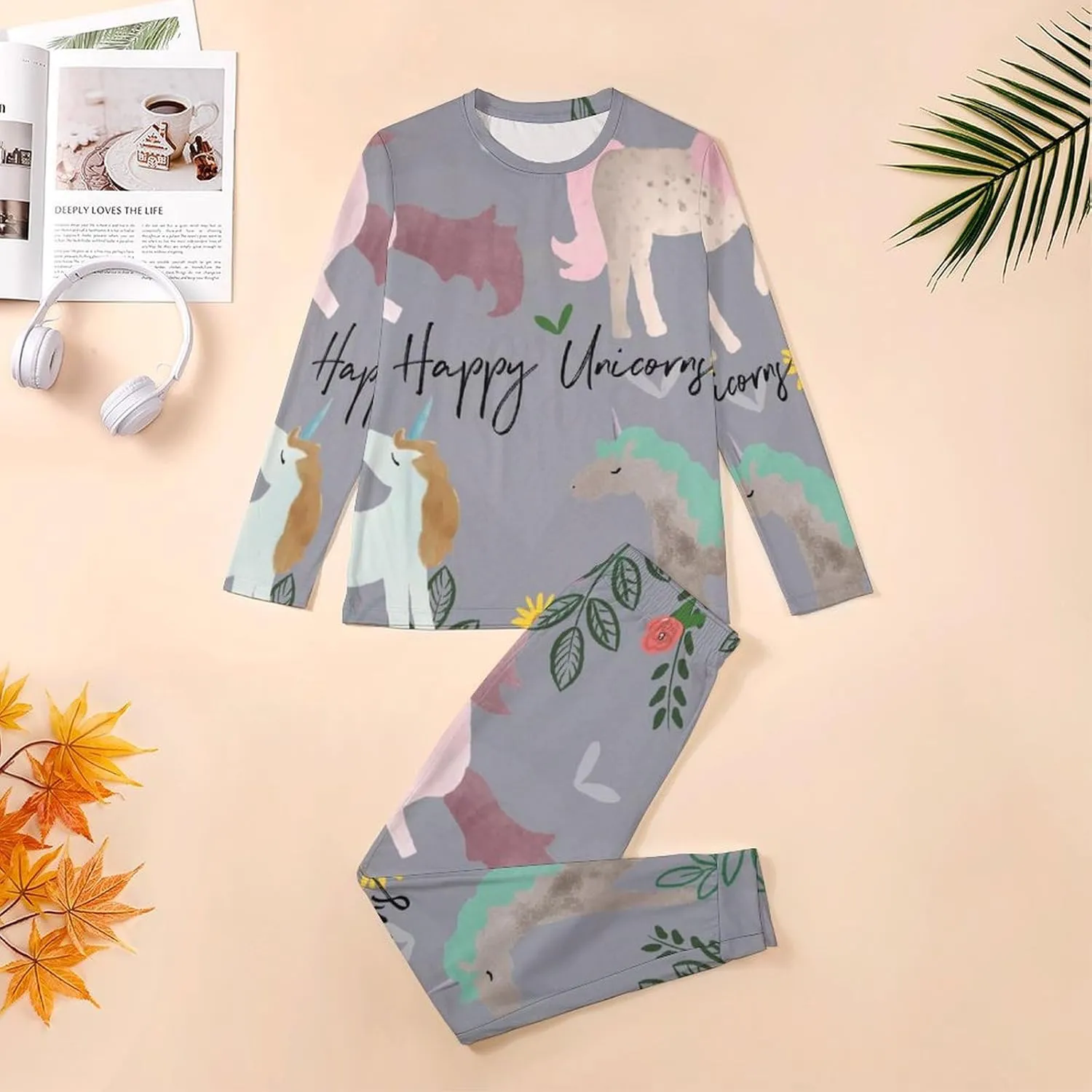 Unicorrn Clipart Men's Pajama Set Loungewear 2 Piece Sleepwear Long Sleeve T-Shirt Sleep Pants