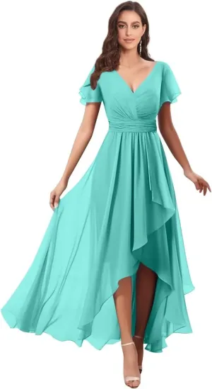 V Neck Bridesmaid Dresses for Wedding with Sleeves Ruffle High Low Chiffon Mother of The Bride Dresses