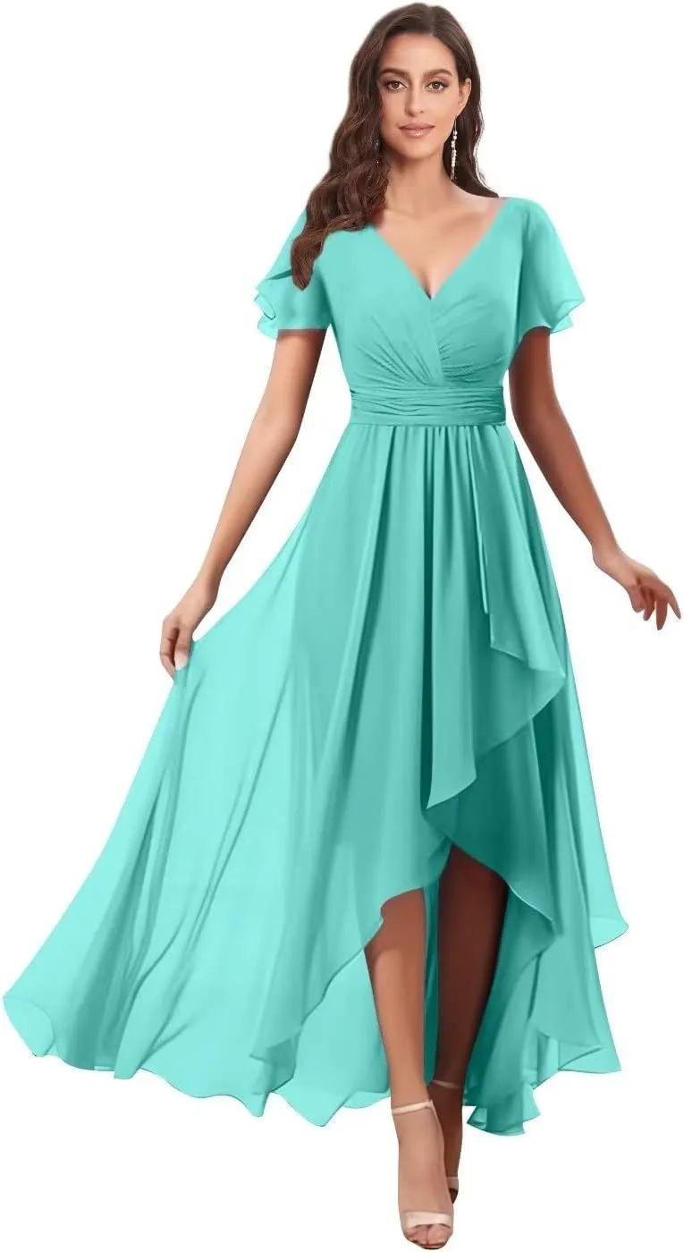 V Neck Bridesmaid Dresses for Wedding with Sleeves Ruffle High Low Chiffon Mother of The Bride Dresses